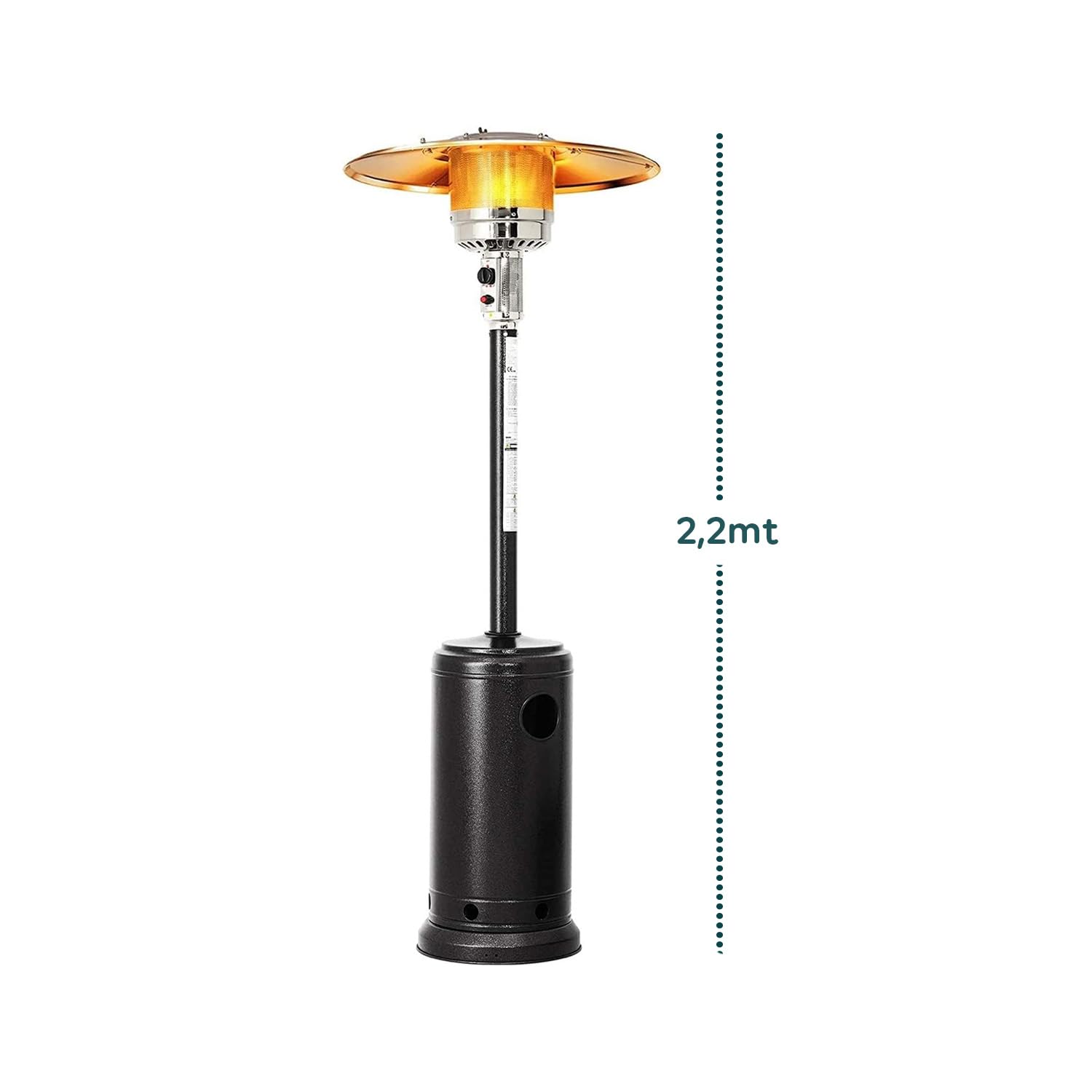 Stufa a Fungo Riscaldante per Esterno a Gas 12kW, Accensione Piezoelettrica, Ruote Integrate, Compatibile con Bombola 15Kg, Nero