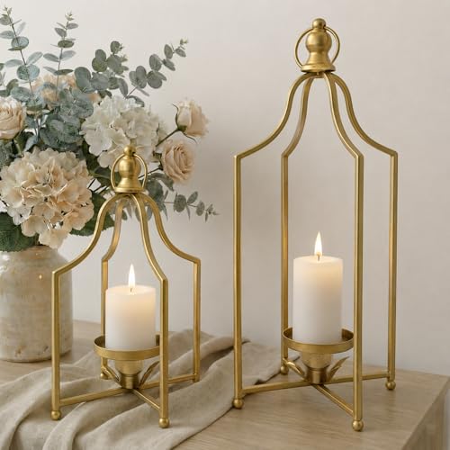 12.5' & 16.5' Timeless Cozy Decorative Lanterns Set of 2, Handcrafted Metal Iron Candle Holders,...