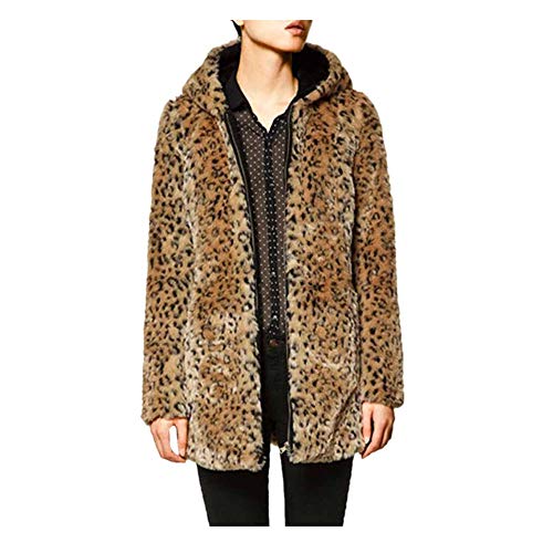 DOGZI Abrigo Mujer Invierno,Leopardo Suéter con Capucha Abrigo de Cuello de Piel Piel sintética Cremallera Bolsillo Desgastar Casual Cárdigan Cardigan Talla Grande Mantón S~3XL