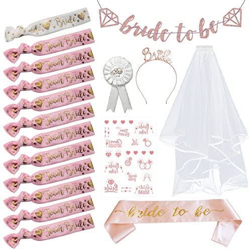 ZOCONE 18 PCS Bride to Be Sash and Veil Despedida Soltera Accesorios, Disfraz Despedida Soltera Complementos Despedida de Soltera con Tiara Despedida Soltera Velo Novia Diadema Despedida Soltera Cover