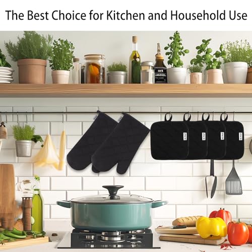 Win Change Oven Mitts and Pot Holders Sets,6 Pcs Oven Mitts and Potholders with Recycled Cotton High Heat Resistant Extra Thick Long Oven Mitts for Cooking(Black) - Thumbnail 6