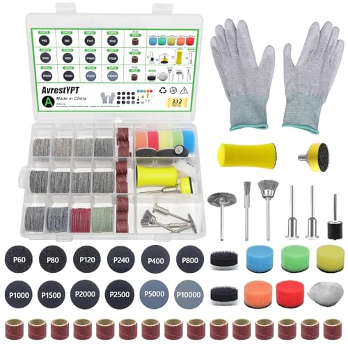 Wet Dry Sanding Discs and Drums Set, 332 Pieces, 1 Inch, 60-10000 Grit, Hook and Loop Sandpaper with Polishing Kit Shank Backing Pad,Polishing Pads and Interface Pad for Rotary Tool Resin Wood Jewelry