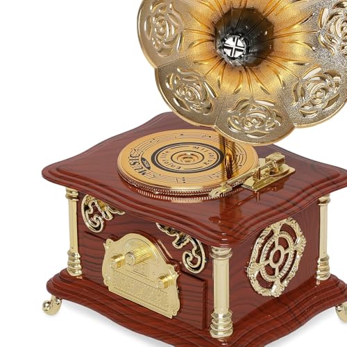 Image of AUGEN Exclusive Music Box Musical 360 rotatable Carousel Children's Wooden Men and Women Birthday Creative Christmas Valentine's Day Gift Home Decoration (Gramophone C)