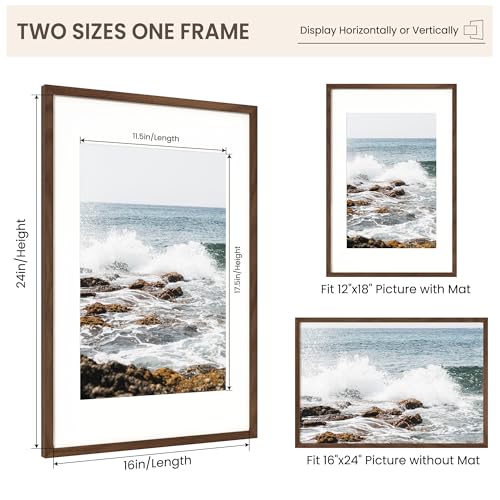 Image of FLYJOE 16x24 Oak Wood Picture Frame with Mat for 12x18, 16 by 24 USA-Sourced Natural Solid Wooden Poster Frame for Wall Display, Tempered Real Glass, Hanging Hardware Included, 1 Pack, Walnut Color