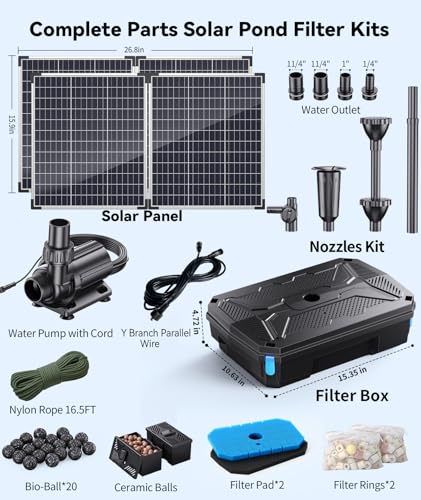 Image of Antfraer Solar Pond Filter & 1600GPH Pump Kit, 120W Foldable Solar Panel with 3-Stage Filtration, Dual Mode Fountain & Waterfall Pond Filter for Outdoor Ponds, Fish Ponds, Garden Water Features