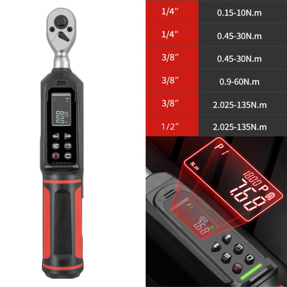 Llave dinamométrica digital de 1/4 3/8 1/2 pulgadas con zumbador de vibración y LED, 10-135N.para llave electrónica m, 9 modos preestablecidos, modo pico/pista, registro de datos de coche