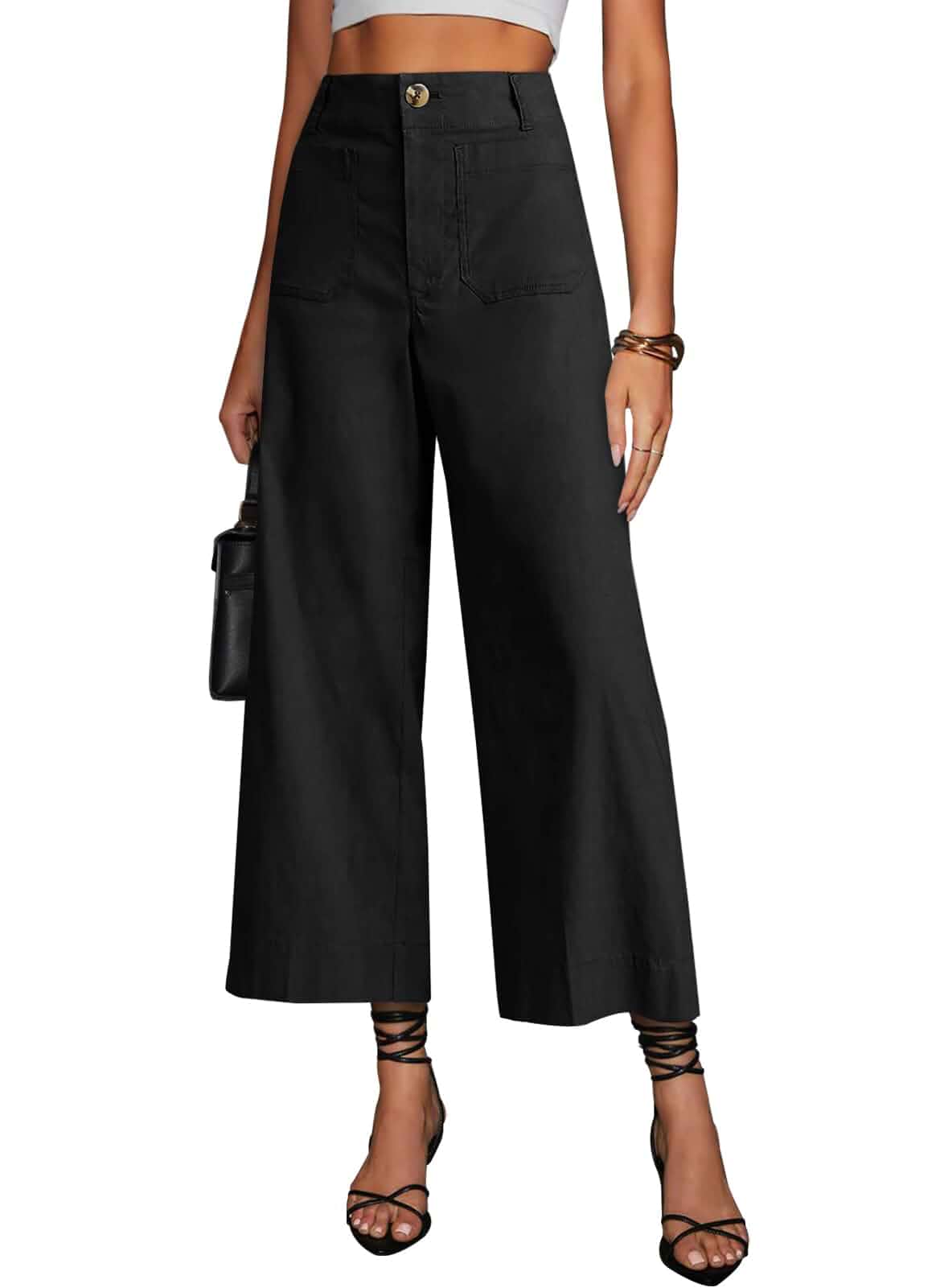 miduo Womens High Waisted Cropped Capris Stretchy Straight Pants Trousers Womens Pants High Rise Crop Capris Wide Leg Stretchy Straight Pants Trousers with Pockets Ankle Length