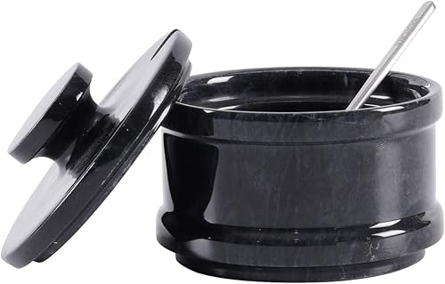 Radicaln Bodega de sal de mármol negro de 4 x 3.5 pulgadas, tarro de sal hecho a mano con tapa y cuchara para servir, elegante recipiente de azúcar