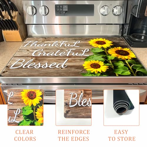 Image of Sunflower Stove Top Cover for Electric Stove 28 inch x 20 inch Heat Resistant Glass Stove Top Cover Protector with Thankful Grateful Blessed Design Glass Cooktop Cover for Electric Stove Kitchen Counter Cover