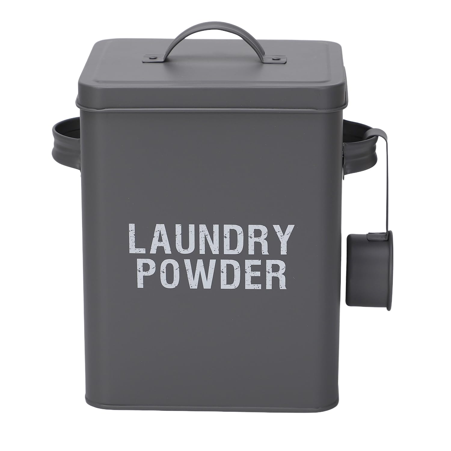 Daniel James Housewares Gray Washing Powder Storage Tin, Laundry Powder Container With Scoop, Metal Detergent Box With Lid And Handle, Kitchen Storage Organiser, Grey