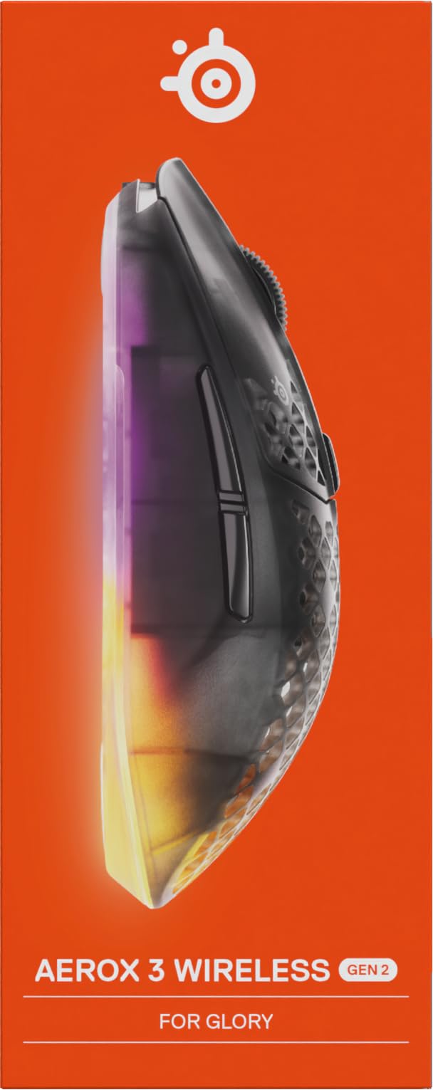 SteelSeries Aerox 3 Wireless Gen 2 – superlekka mysz dla graczy, polling 4K, sensor optyczny 26K DPI, 200 godzin pracy, wodoodporność IP54, 80 mln kliknięć, RGB, ślizgacze 100% PTFE, Shadow