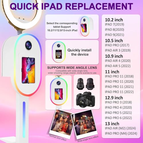 Image of Photo Booth for iPad 10.2 inch 10.5 inch 10.9 inch 11 inch 12.9 inch 13 inch for Camera Dualuse Photobooth Machine Selfie Station Stand APP Control RGB Light Music Sync Light Box with Flight Case for Rental Wedding