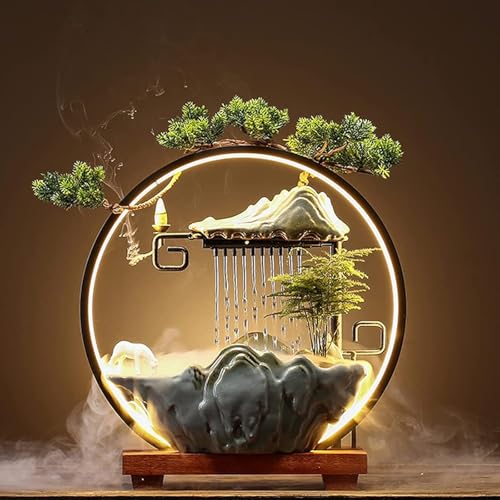 Fontaine d'intérieur de table - Cascade avec brumisateur LED - Fontaine japonaise for la méditation - Inclut un diffuseur d'encens et des plantes...