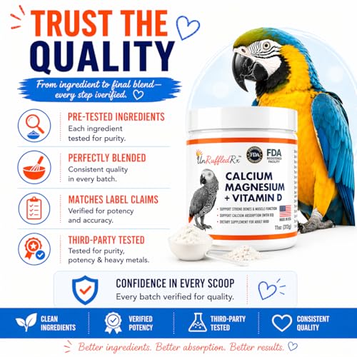 UnRuffledRx™ Bird Calcium Plus with Magnesium and D3, Dissolves Clear and Tasteless in Water, Supports Bone, Muscle, Feather and Egg Health, 45 Servings, Made in FDA-Registered USA Facility - Image 5
