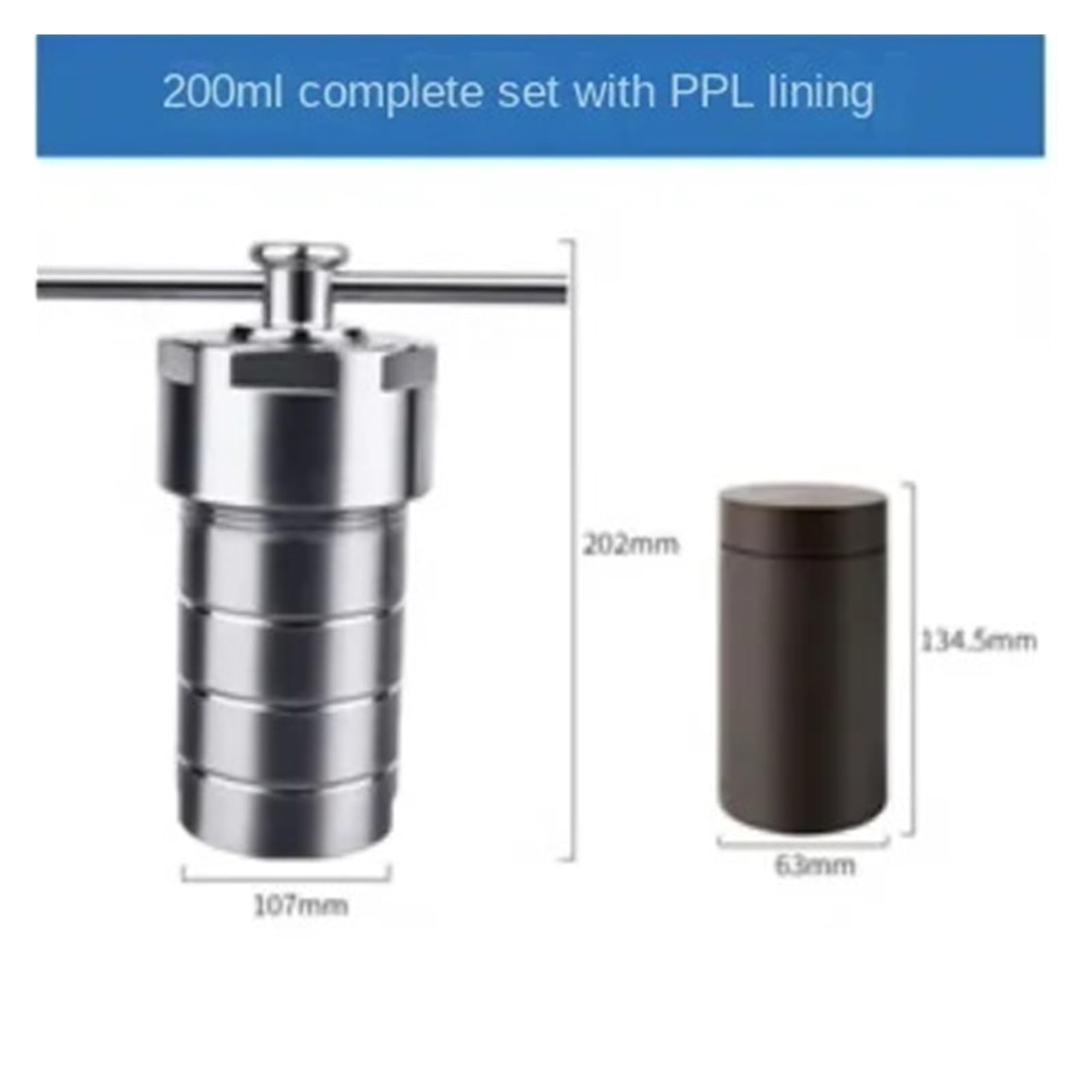 Reattore di sintesi idrotermale Reattore for Autoclave di sintesi idrotermale Rivestito in PPL da 20 ml 25 Serbatoio distione ad Alta Pressione 3 MPa(200MLPPLcomplete Set)