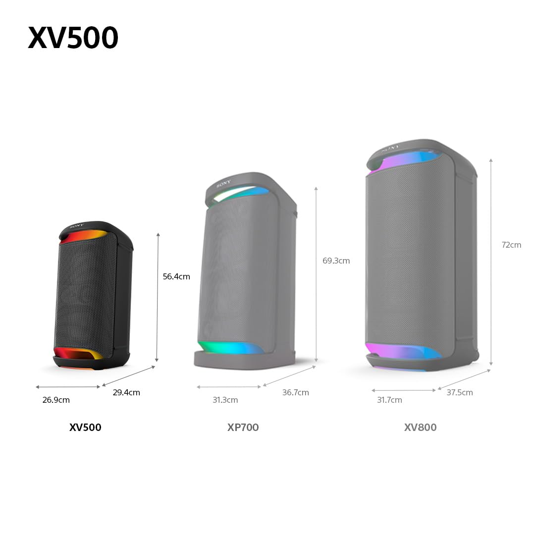 Sony SRS-XV500 Bezprzewodowy Głośnik Imprezowy Bluetooth z Mocnym Dźwiękiem, 25 Godzin Pracy na Baterii, Przenośny, do Użytku Wewnątrz i na Zewnątrz, Stopień Ochrony IPX4, Karaoke, Czarny