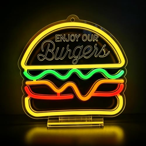 Image of Burger Neon Sign, Type-C & USB Powered Neon Lights with Base Stand | Cute LED Food Neon Signs for Kids Bedroom, Game Room, Kitchen, Desk & Wall Art, Aesthetic Room Decor Gift, Hooks Included