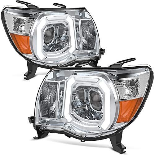 OEDRO Headlight Assembly Compatible with 2005-2011 Toyota Tacoma Headlights w  LED Chrome Housing Amber Reflector Headlamps
