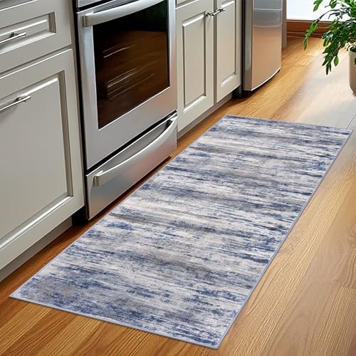 KOZYFLY Modern Abstract Washable Rug Runner 2x5 Hallway Rug Runner Non-Slip Soft Kitchen Runner Rugs, Distressed Grey-Blue Striped Carpet for Entryway Bathroom Laundry Room Foyer