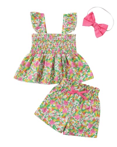 Image of Mioglrie Toddler Baby Girl Summer Clothes Infant Spring Outfits Ruffle Sleeveless Shirt Baby Shorts Headband Clothing Set