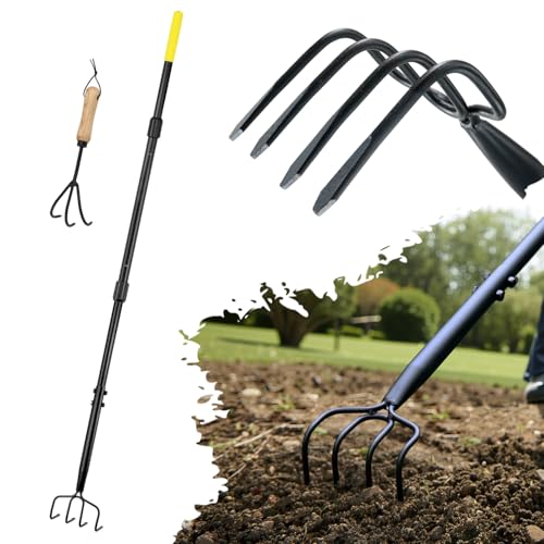 image for Colwelt 4 Tines Garden Cultivator Rake 59'', Hand Tiller Garden Tool w