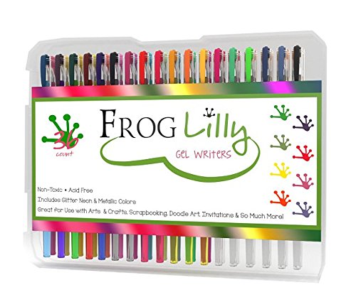 FrogLilly Professional Colored Gel Ink Pens Set Ultra Fine Glider Tips for Intricate Detailing w/ 4 Adult Coloring Book Pages in Sturdy Plastic Case - 36 Neon, Glitter & Pastel Color Artist Markers