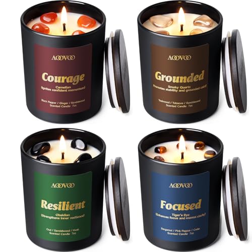 Image of AOOVOO Crystal HEAL Candles Set - 4 Pack Candles for Home Scented | Candle with Crystals, Obsidian for Resilient /Tiger's Eye for Focused /Carnelian for Courage /Smoky Quartz for Grounded