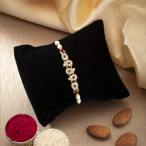 Image of Peora Rakhshabandhan Thread Rakhi for Brother Bhaiya | Kundan Crystals & Pearl Studded | Rakhi Hamper Roli Chawal & Greeting Card