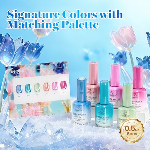 Image of Beetles Crystal Garden Cat Eye Gel Nail Polish Set - 6 Colors 15ML Full Size Spring Gel Polish Kit Glitter Pink Blue Orange Green Magnetic Effect Soak Off UV Nail Art DIY Manicure Gifts for Women