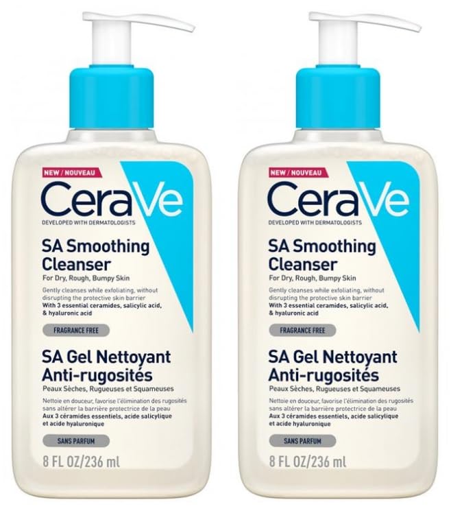 CeraVe, SA Reinigungsgel gegen Rauheit, 2 x 236 ml, für trockene, raue und unregelmäßige Haut, reinigt sanft und Peeling, angereichert mit essentiellen Ceramiden, Salicylsäure und Hyaluronsäure