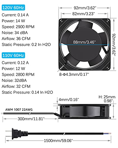 GDSTIME Axial Fan 90mm, 110V 120V AC 92mm x 92mm x 25mm Dual Ball Bearing w/Power Cord for DIY Cooling Ventilation Projects