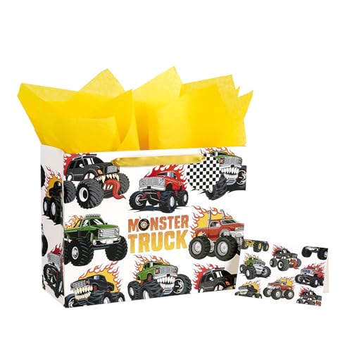 Loveinside Monster Truck Birthday Gift Bag for Boys Big Wheels Truck & Flames Design Medium Size Gift Bag with Tissue Paper Tag Greeting Card Ideal for Kids Birthday 13 x 5 x 10 1 Pcs