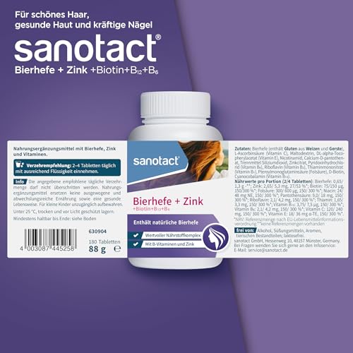 Sanotact Bierhefe + Zink Tabletten – 180 Stück | Für Haut, Haare & Nägel | Vitamin-Komplex mit Bierhefe, Zink, Biotin, Vitamin B12, B6 & Vitamin C | 100% Vegan