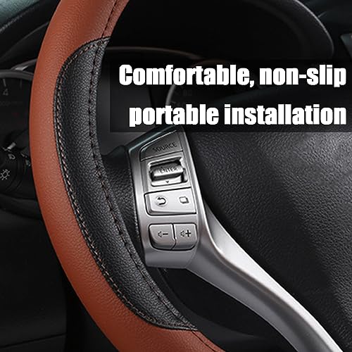 BELOMI Leather Car Steering Wheel Cover, Universal 15 Inch for Car Truck SUV, Non-Slip and Breathable, Sport Style Design Odorless Steering Wheel Protector, Automotive Interior Accessories (Coffee)