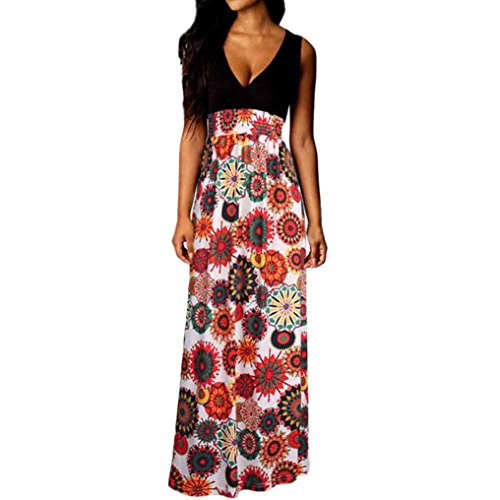 Smileq Femmes Boho Maxi Dress Summer Beach Long Cocktail Party Retro Imprimer Ball Robe Sans Manches V Col Veste Jupe Xl Multicolore