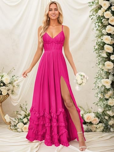 Women’s Long Bridesmaid Dresses Wrap Ruffles Chiffon Scoop Neck Slit Wedding Guest Formal Dress for Women2