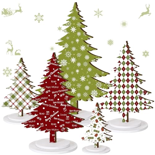 Soaoo 5 Pcs Wooden Christmas Tree Tabletop Centerpieces - Tiered Tray Decoration for Table, Shelf, Mantel - Red, Green, and White Winter Gift for Home Decor
