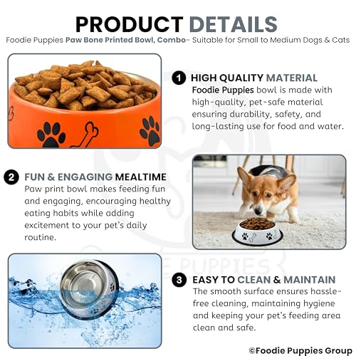 Image of Foodie Puppies Stainless Steel Dog Bowl Combo - (Medium, 700ml) Food and Water Feeding Gift Bowl | Suitable for Dogs, Cats and Other Pets I Paw Bone Print, Anti-Skid Rubber Base (White + Orange)