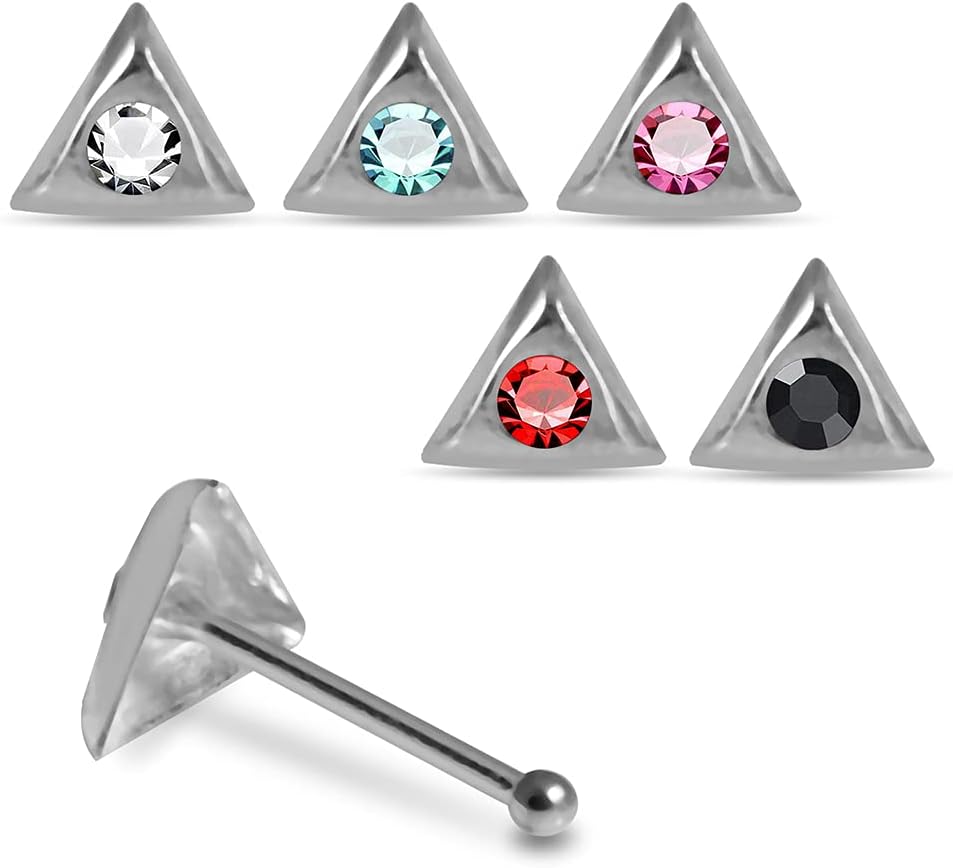 Crystal Stone Triangle Design 22 Gauge 925 Sterling Silver Ball End Nose Pin - Nose Stud - Tiny Nose Ring - Nose Piercing Body Jewelry