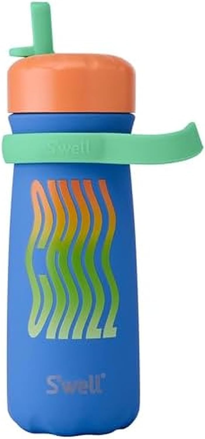 S’well Stainless Steel Kids Traveler with Flip Straw Lid, 16oz, Blue Chill, Triple Layered Vacuum Insulated Containers Keeps Drinks Cold for 24 Hours, BPA Free, Easy Carrying On the Go