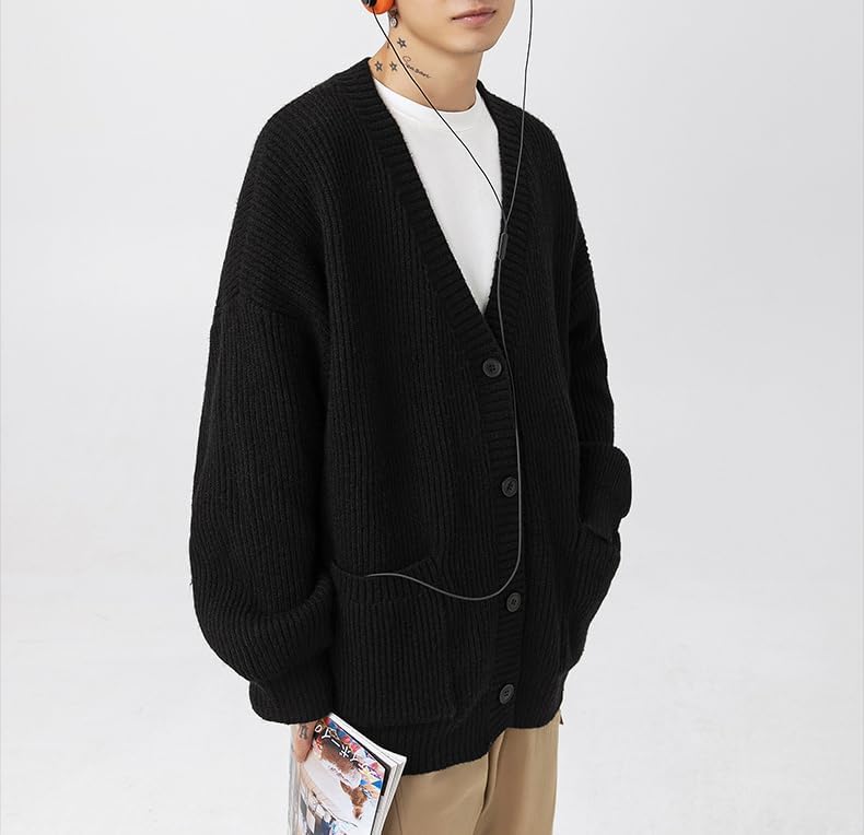 POHADON Mens Cardigan Sweater Button Down Long Sleeve V Neck Cable Knit Sweaters Japanese Streetwear Grunge Clothes - Image 2