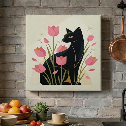 Toile murale chat tulipes 30 cm pour habiller un mur vide de cuisine ou salle de bain