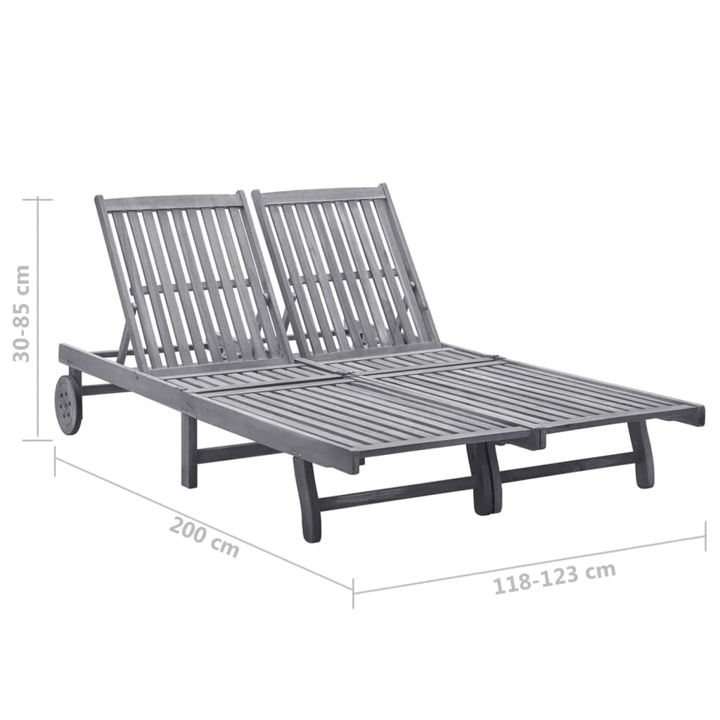 Acacia Wood Sun Lounger with Cushion, 2-osobowy fotel wypoczynkowy do użytku na świeżym powietrzu, regulowane oparcie i podnóżek, szare drewno akacjowe, pojemność 110 kg