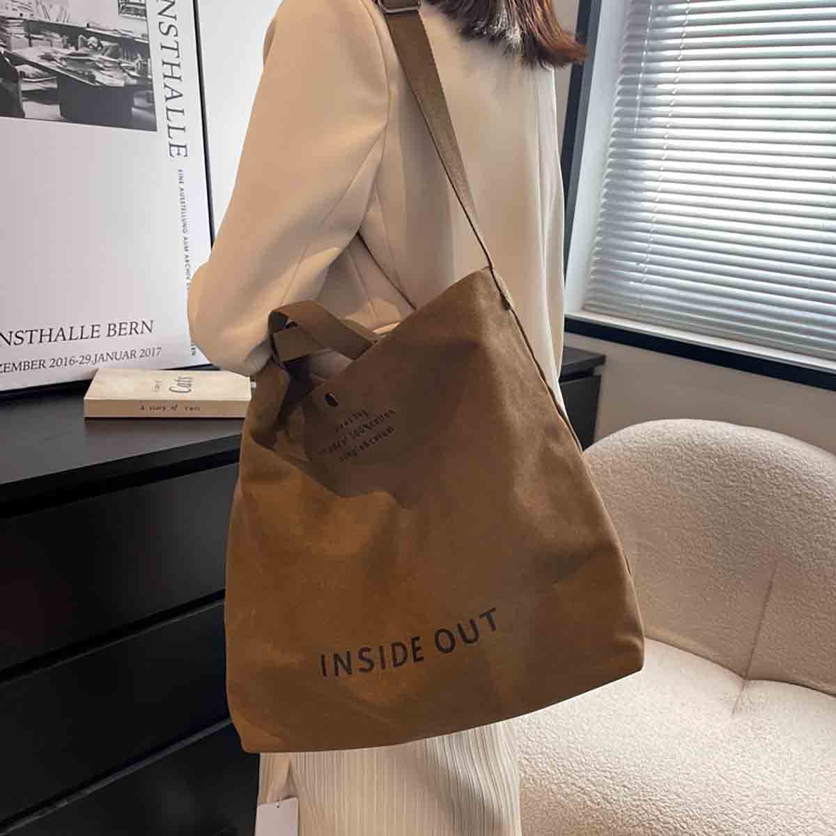Women's Canvas Tote Shoulder Bag - Large Fashion Retro Letter Handbag (Brown)