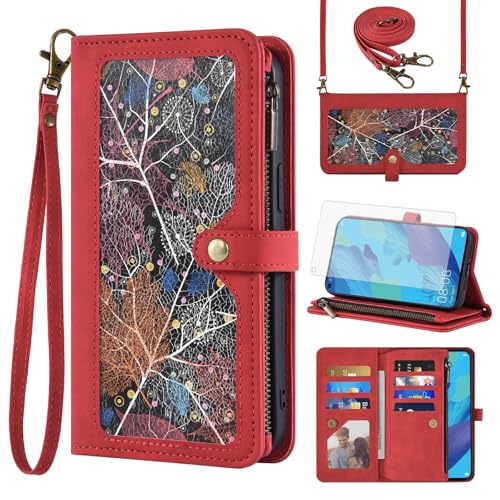 Coque Honor 20 en cuir rouge élégant style pochette haut de gamme avec chaine