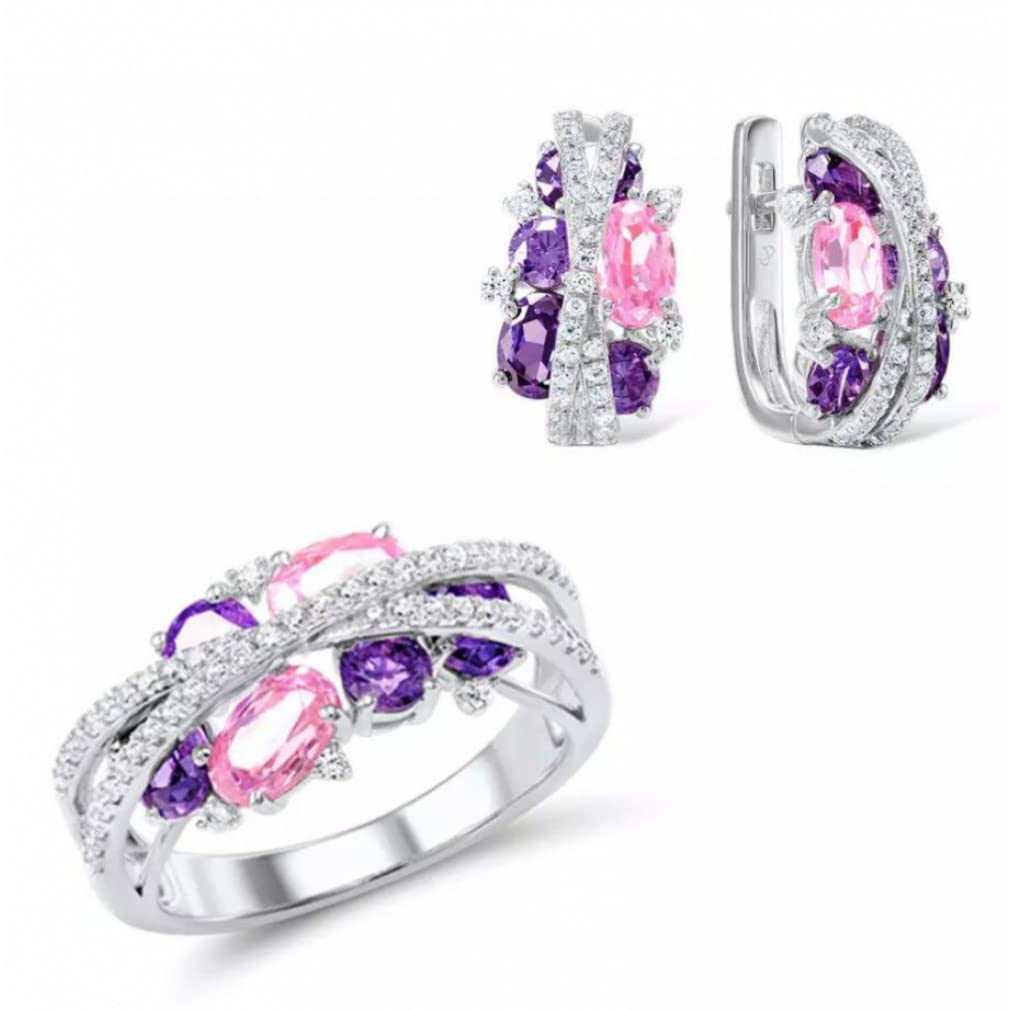 925 Silber Schmuck Set für Damen Funkelnde Lila Amethyst Rosa Zirkonia Ohrringe Ring Set Edlen Schmuck