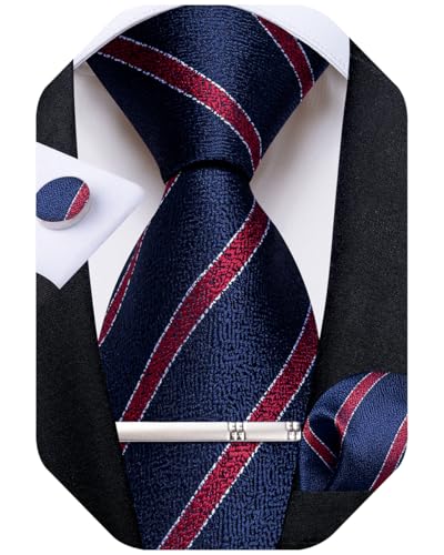 Image of DiBanGu Mens Tie Silk Plaid Striped Necktie and Pocket Square Cufflinks Tie Clip Set with Gift Box Formal Wedding Party