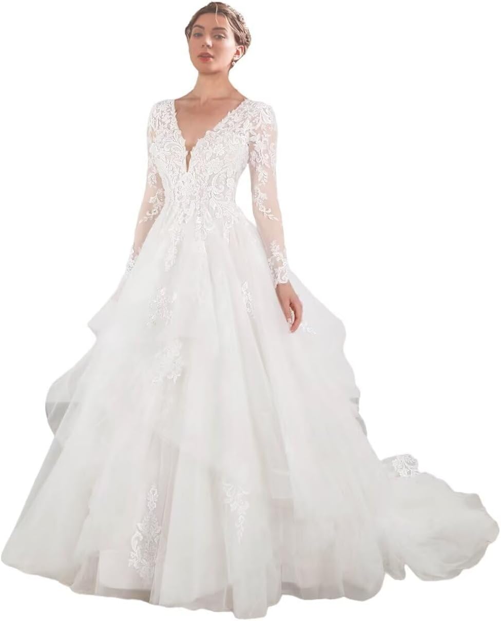 Tulle Wedding Dresses for Bride with Lace Appliques A Line Women Dress Long Sleeves Beach Bride Dress HS006