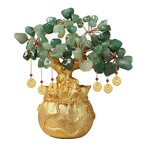 Green Aventurine Money Tree – Feng Shui Wealth Prosperity Golden Bag Bonsai Lucky Gemstone Home Office Decor (14cm Height)