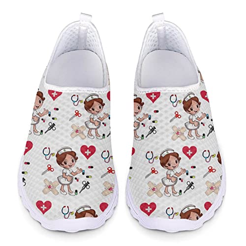 Jndtueit Damen Sportlich Leichte Casual Mesh Schuhe Cartoon Krankenschwester Print Bequeme Walking Running Sneakers,Sommer